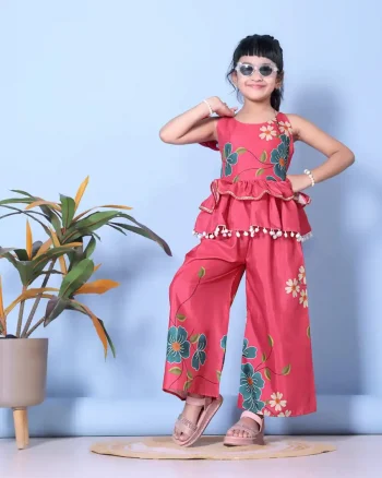 MODERN COTTON BLEND DIGITAL FLOWER PRINT & POM POM BORDER WORK KID'S TOP PENT SET GAJARI