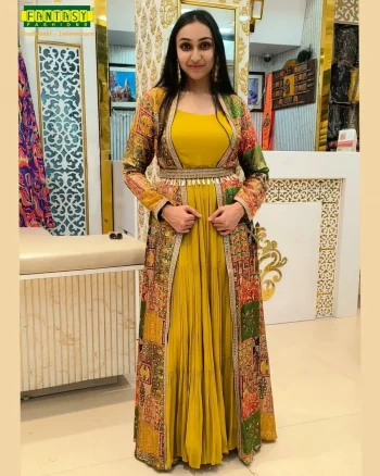 MODERN FRENCH CREEPE FANCY DIGITAL PRINT WITH CHAIN STITCHED LACE BORDER WORK SHRUG AND GOWN YELLOW