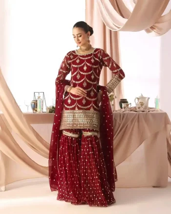 MODERN GEORGETTE EMBROIDERY SEQUENCE WORK WITH READY MADE LACE BORDER WORK TOP SHARARA WITH DUPATTA MAROON
