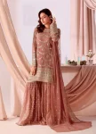 MODERN GEORGETTE EMBROIDERY SEQUENCE WORK WITH READY MADE LACE BORDER WORK TOP SHARARA WITH DUPATTA PEACH