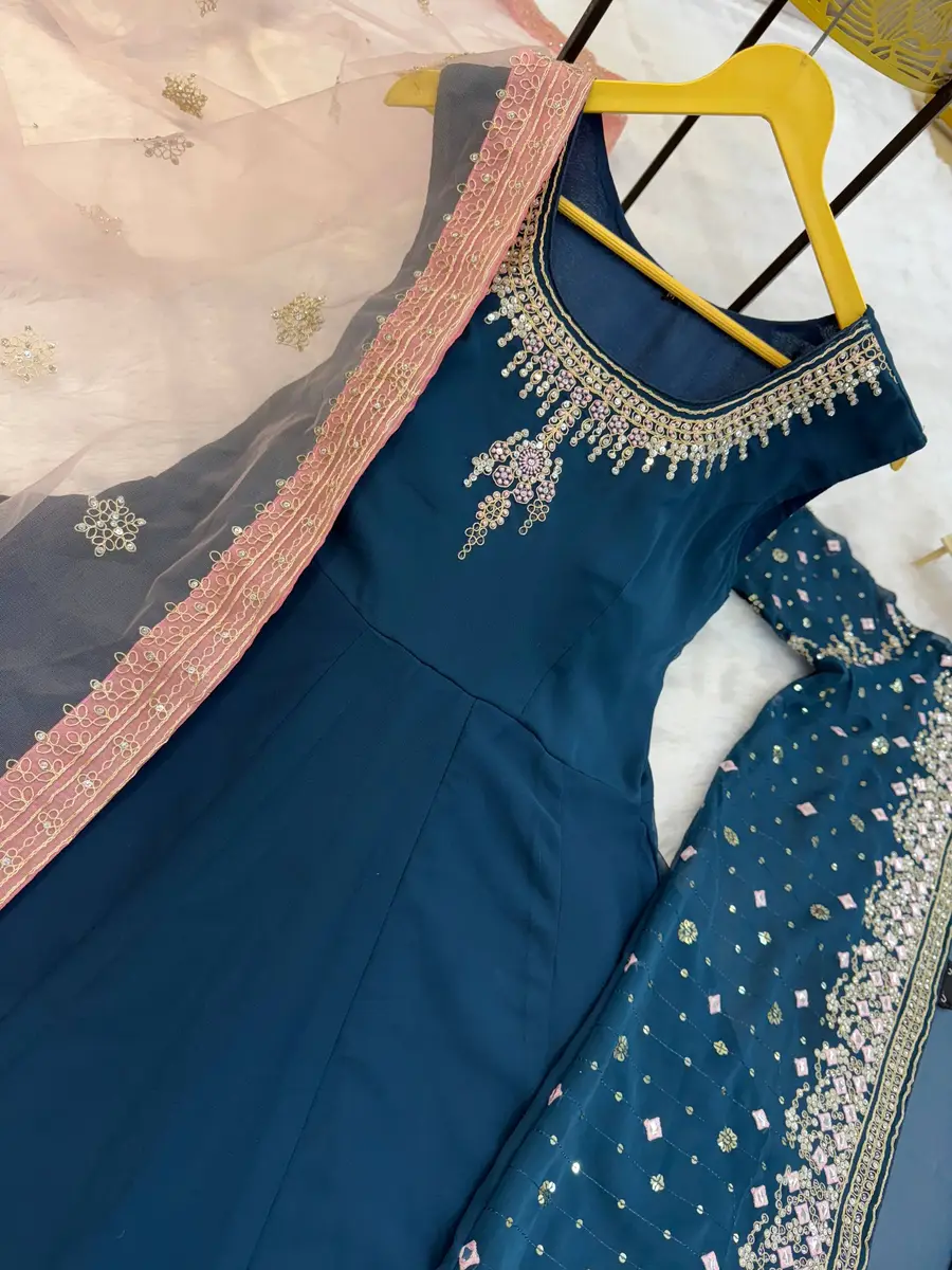 MODERN GEORGETTE EMBROIDERY WORK WITH CRYSTAL DIAMOND WORK GOWN KOTI WITH DUPATTA FESTIVE WEAR WHOLESALE PRICE ETHNIC GARMENT (2)
