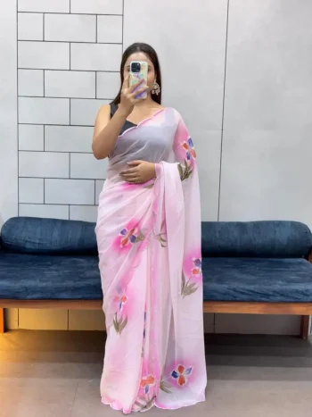 MODERN GEORGETTE HANDPAINT FLOWER PRINT PANEL WORK WITH CUT DANA HANDWORK SAREE WITH UNSTITCHED BLOUSE PINK