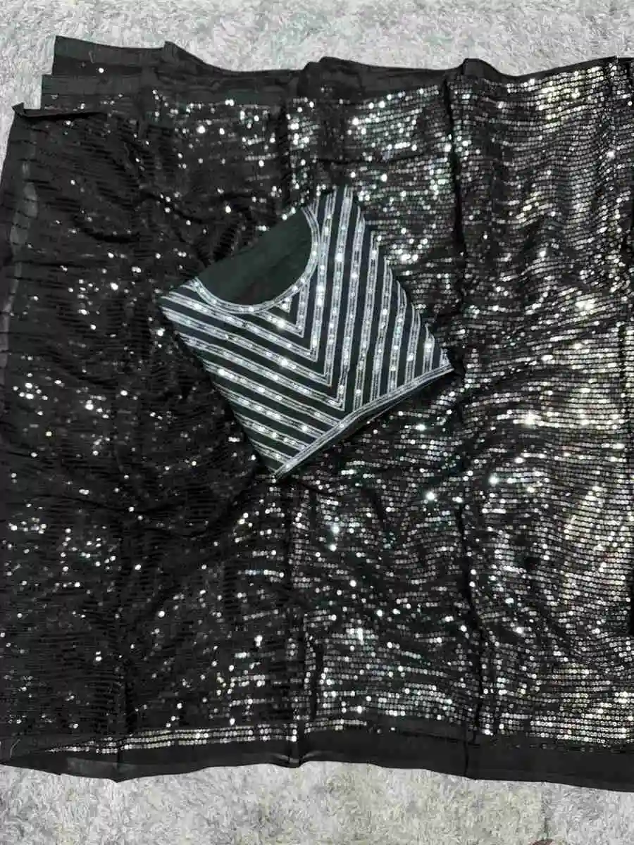 MODERN GEORGETTE MULTICOLORED SEQUENCE EMBROIDERY WORK SAREE WITH UNSTITCHED BLOUSE PARTY WEAR WHOLESALE PRICE ETHNIC GARMENT (1)