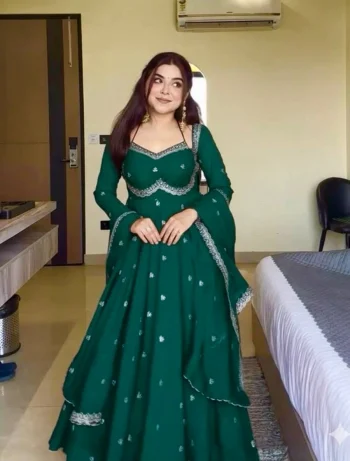 MODERN GEORGETTE REMBO SEQUENCE EMBROIDERY WORK GOWN BOTTOM WITH DUPATTA GREEN