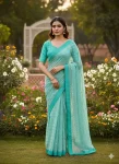 MODERN GEORGETTE SILK SEQUENCE AND PIPING LACE BORDER WORK SAREE WITH UNSTITCHED BLOUSE RAMA