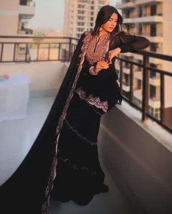MODERN GEORGETTE THREAD & SEQUENCE WORK TOP SHARARA WITH DUPATTA BLACK