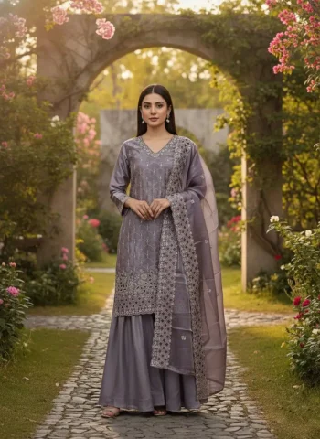 MODERN JIMMY CHOO EMBROIDERY BEADS WORK TOP PALAZZO WITH DUPATTA  LAVENDER