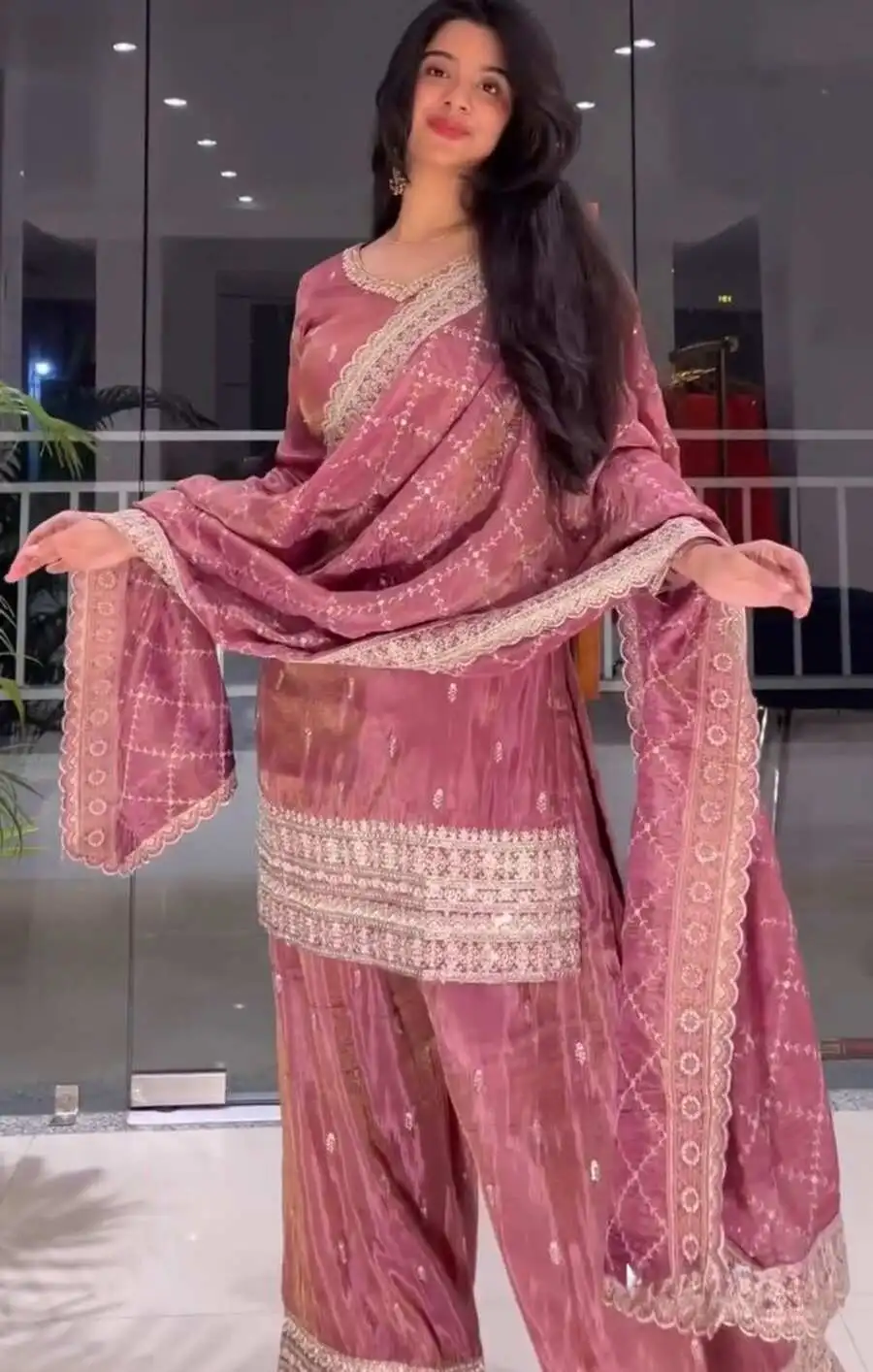 MODERN JIMMY CHOO SILK EMBROIDERY AND SEQUENCE WORK TOP PALAZZO WITH DUPATTA FESTIVE WEAR WHOLESALE PRICE ETHNIC GARMENT (3)