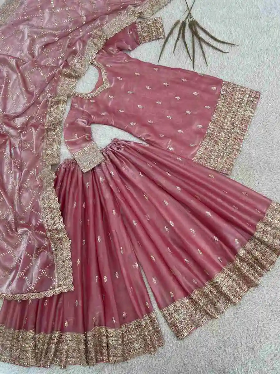 MODERN JIMMY CHOO SILK EMBROIDERY AND SEQUENCE WORK TOP PALAZZO WITH DUPATTA FESTIVE WEAR WHOLESALE PRICE ETHNIC GARMENT (9)