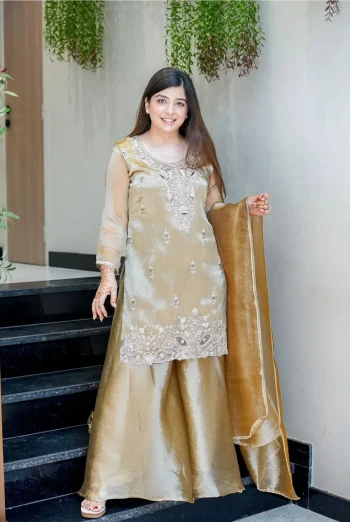 MODERN JIMMY CHOO SILK EMBROIDERY SEQUENCE WORK TOP PALAZZO WITH DUPATTA CREAM