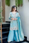 MODERN JIMMY CHOO SILK EMBROIDERY SEQUENCE WORK TOP PALAZZO WITH DUPATTA SKY