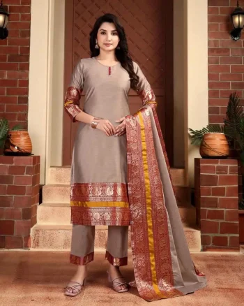 MODERN KANCHI COTTON JACQUARD WORK TOP BOTTOM WITH DUPATTA CREAM