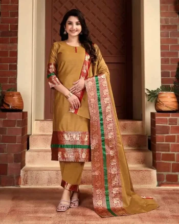 MODERN KANCHI COTTON JACQUARD WORK TOP BOTTOM WITH DUPATTA MUSTARD