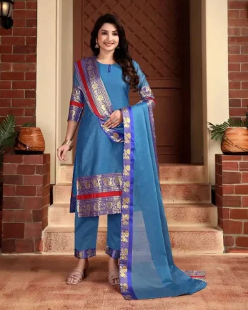 MODERN KANCHI COTTON JACQUARD WORK TOP BOTTOM WITH DUPATTA BLUE