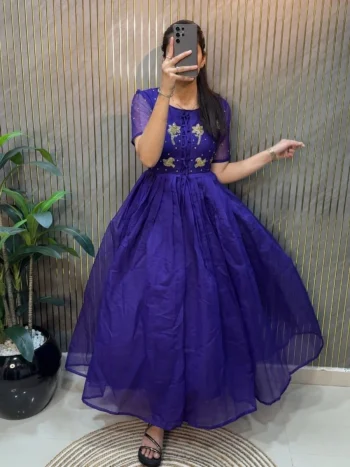 MODERN KOTA CHECKS COTTON HAND WORK GOWN WITH DUPATTA PURPLE