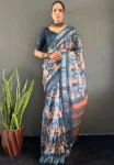 MODERN LINEN SILK DIGITAL PRINT WORK SAREE WITH UNSTITCHED BLOUSE  BLUE