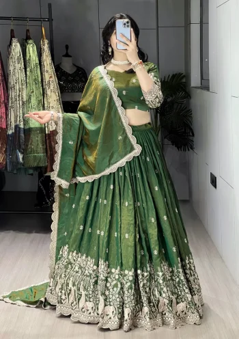 MODERN NC VICHITRA MULTI EMBROIDERY THREAD WORK LEHENGA CHOLI WITH DUPATTA MEHNDI