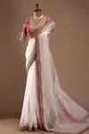 MODERN ORGANZA SILK SEQUENCE AND JARI THREAD EMBROIDERY WORK LACE BORDER WORK SAREE WITH STITCHED BLOUSE RED AND OFF WHITE