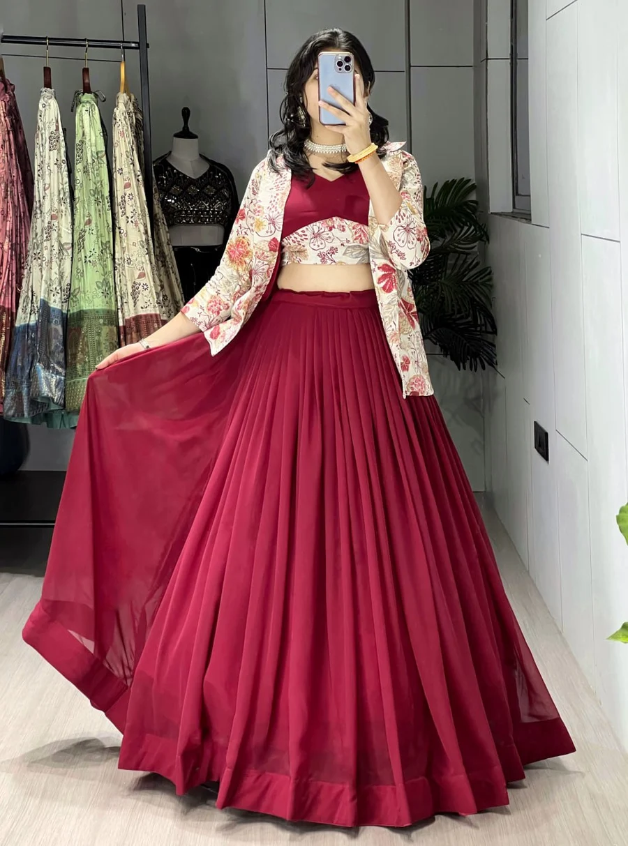 MODERN PLAIN LEHENGA WITH FOIL PRINTED PATTERN WORK CHOLI AND KOTI PARTY WEAR WHOLESALE PRICE ETHNIC GARMENT (11)