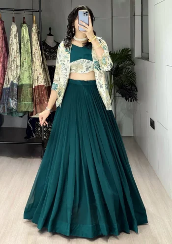 MODERN PLAIN LEHENGA WITH FOIL PRINTED PATTERN WORK CHOLI AND KOTI MORPICH