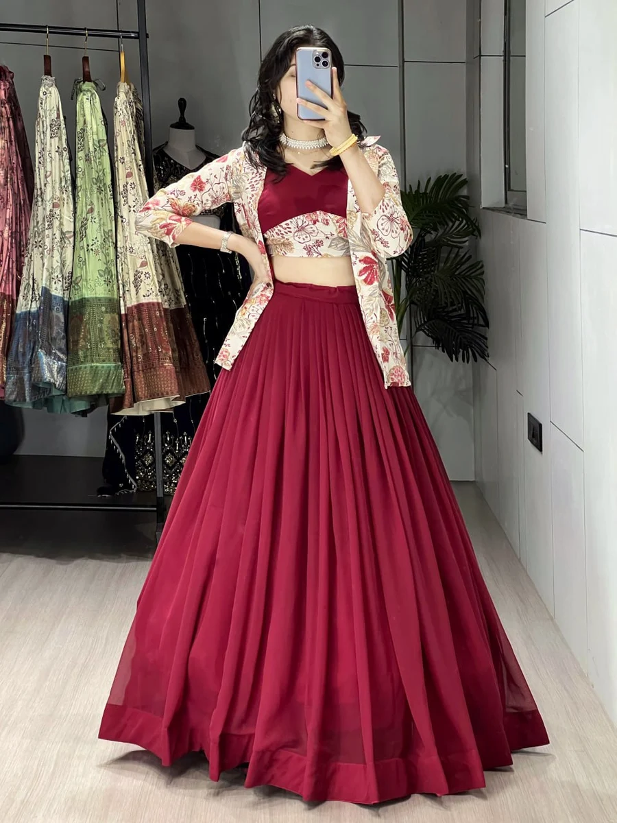 MODERN PLAIN LEHENGA WITH FOIL PRINTED PATTERN WORK CHOLI AND KOTI PARTY WEAR WHOLESALE PRICE ETHNIC GARMENT (5)