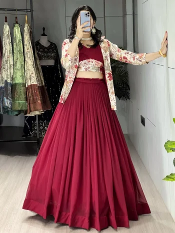 MODERN PLAIN LEHENGA WITH FOIL PRINTED PATTERN WORK CHOLI AND KOTI MAROON