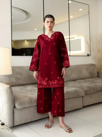 MODERN RAYON COTTON THREAD EMBROIDERY WORK KURTI PALAZZO SET MAROON