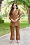 MODERN RAYON MULTI EMBROIDERY THREAD WORK CO-ORD SET BROWN