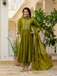 MODERN ROMAN SILK MULTI EMBROIDERY THREAD WITH REAL MIRROR HAND WORK TOP BOTTOM WITH DUPATTA PARROT GREEN