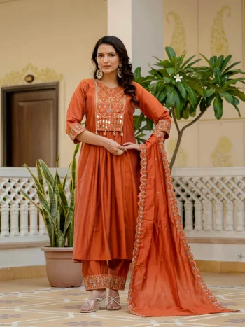 MODERN ROMAN SILK MULTI EMBROIDERY THREAD WITH REAL MIRROR HAND WORK TOP BOTTOM WITH DUPATTA ORANGE