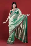 MODERN TISSUE SILK PLAIN WITH JARI DORI & SEQUENCE EMBROIDERY LACE BORDER WORK SAREE WITH UNSTITCHED BLOUSE GREEN