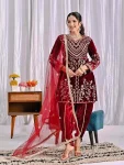 MODERN VELVET EMBROIDERY MULTI NEEDLE SEQUENCE WORK TOP DHOTI WITH DUPATTA MAROON