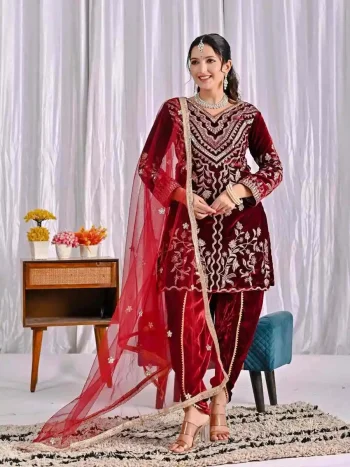 MODERN VELVET EMBROIDERY MULTI NEEDLE SEQUENCE WORK TOP DHOTI WITH DUPATTA MAROON