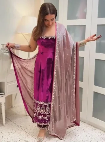 MODERN VELVET EMBROIDERY SEQUENCE WORK TOP BOTTOM WITH DUPATTA WINE