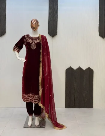 MODERN VELVET EMBROIDERY WORK TOP BOTTOM WITH DUPATTA MAROON