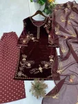 MODERN VELVET SEQUENCE EMBROIDERY WORK TOP BOTTOM WITH DUPATTA FESTIVE WEAR WHOLESALE PRICE ETHNIC GARMENT (2)