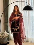 MODERN VELVET SEQUENCE EMBROIDERY WORK TOP BOTTOM WITH DUPATTA MAROON