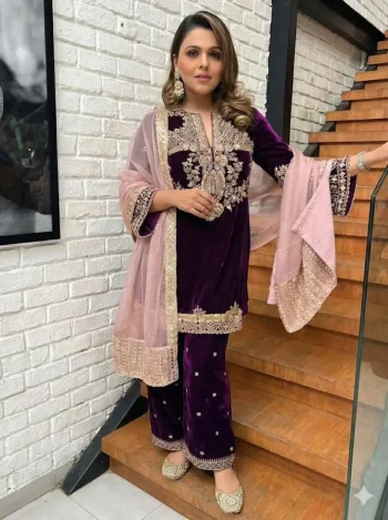 MODERN VELVET SEQUENCE & ZARI EMBROIDERY WORK TOP PALAZZO WITH DUPATTA PURPLE