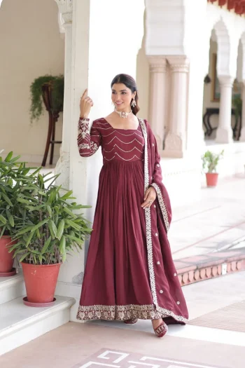 MODERN VICHITRA SILK EMBROIDERY SEQUENCE WORK GOWN WITH DUPATTA MAROON