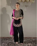 MODERN VISCOSE VELVET EMBROIDERY THREAD AND SEQUENCE WORK TOP PATIYALA WITH DUPATTA AND POTLI PURSE BLACK AND PINK