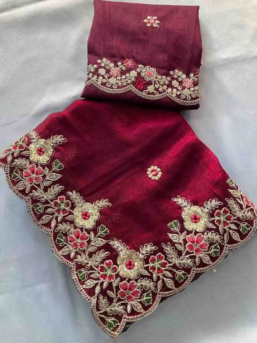 MOST PICKED SPACE SILK EMBROIDERY CUTWORK WORK AARC BORDER WORK SAREE WITH UNSTITCHED BLOUSE WEDDING WEAR WHOLESALE PRICE ETHNIC GARMENT (1)