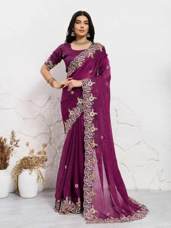 MOST PICKED SPACE SILK EMBROIDERY CUTWORK WORK AARC BORDER WORK SAREE WITH UNSTITCHED BLOUSE WINE