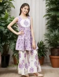 NEW ARRIVAL AB COTTON PRINTED WORK KID'S TOP SHARARA SET PURPLE