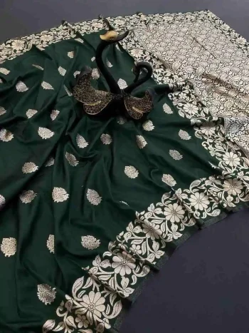 NEW ARRIVAL BANARASI SILK GOLDEN ZARI WEAVING WORK SAREE WITH UNSTITCHED BLOUSE GREEN
