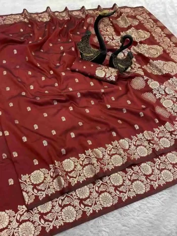 NEW ARRIVAL BANARASI SILK GOLDEN ZARI WEAVING WORK SAREE WITH UNSTITCHED BLOUSE MAROON