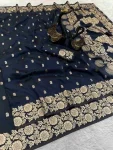 NEW ARRIVAL BANARASI SILK GOLDEN ZARI WEAVING WORK SAREE WITH UNSTITCHED BLOUSE NAVY BLUE