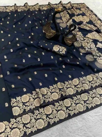 NEW ARRIVAL BANARASI SILK GOLDEN ZARI WEAVING WORK SAREE WITH UNSTITCHED BLOUSE NAVY BLUE