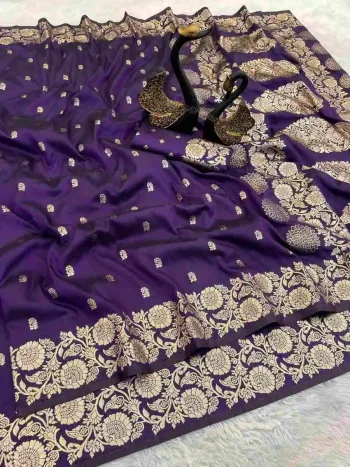 NEW ARRIVAL BANARASI SILK GOLDEN ZARI WEAVING WORK SAREE WITH UNSTITCHED BLOUSE PURPLE