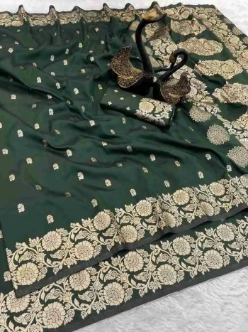 NEW ARRIVAL BANARASI SILK GOLDEN ZARI WEAVING WORK SAREE WITH UNSTITCHED BLOUSE GREEN