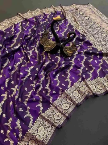 NEW ARRIVAL BANARASI SILK GOLDEN ZARI WEAVING WORK SAREE WITH UNSTITCHED BLOUSE PURPLE